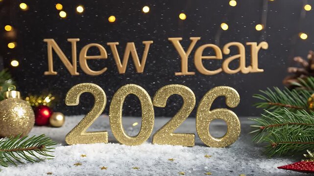 New year celebration with golden decorations and the year twenty twenty six on a snowy surface