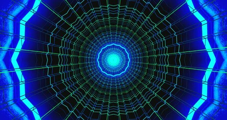 This seamless looping video creates a mesmerizing tunnel effect with glowing green neon lights. The dynamic visuals provide a captivating experience ideal for screensavers or ambient displays. - Powered by Adobe