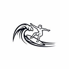 Surfer Riding a Wave - A Dynamic Black and White Illustration.