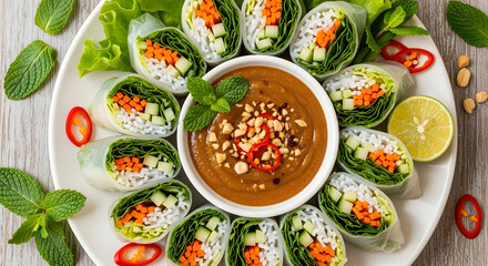 Fresh and vibrant summer rolls bursting with colorful vegetables and creamy peanut dipping sauce, perfect for healthy eating and light meals.