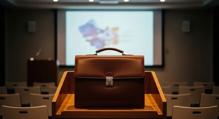 Leather briefcase on podium in empty business conference room