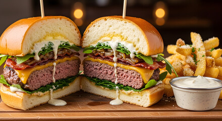 Indulge in this mouthwatering gourmet burger masterpiece, perfectly grilled with juicy patties, crispy bacon, melted cheese, fresh greens, and a side of golden fries.