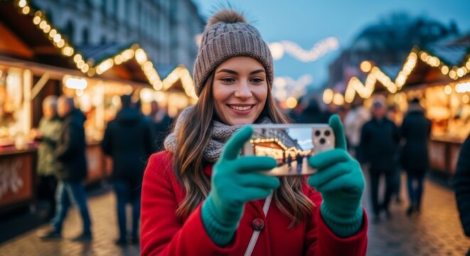 Young woman in winter clothing taking photo at a Christmas market, with blurred background; Festive photo, travel blog, Winter holidays in Europe.