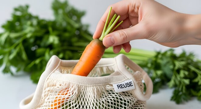 Hand placing fresh carrot into reusable mesh produce bag with celery