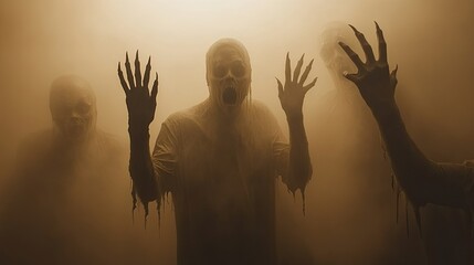 Mummified figures emerge from fog, skeletal hands raised