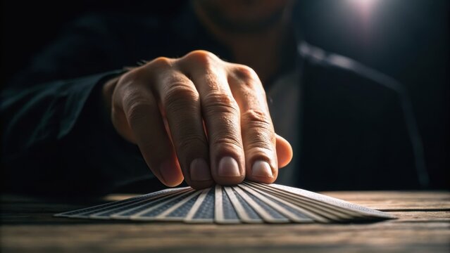 A hand poised over fanned-out playing cards, creating an atmosphere of anticipation and intrigue in a dimly lit setting.