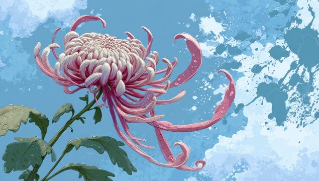 Pink chrysanthemum, wispy petals, blue sky, abstract design