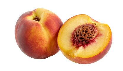 fresh peach fruit, one whole and one half isolated on white background
