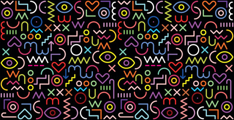 Neon colors pattern on a black background abstract geometric vector decorative seamless background.