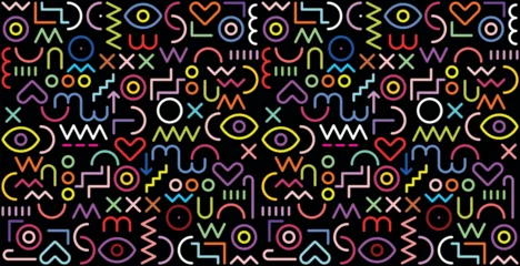 Fototapeten Abstraktion Kunst Neon colors pattern on a black background abstract geometric vector decorative seamless background.  ©  danjazzia