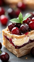 A close-up view of a delicious cherry tart, layered with cream and pastry, topped with fresh cherries and a mint leaf, set against a dark, textured background.