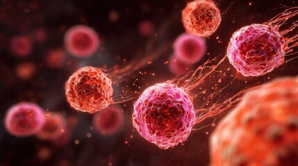 Flowing red cancer cells. Cancer cells flowing in body. Cancer cells flowing freely.