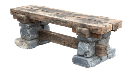 Rustic, weathered wooden bench featuring thick planks atop sturdy stacked stone block supports. A natural, handcrafted, old-world design element. background removed