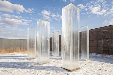 Transparent, blocky pillars stand in snow under a blue sky