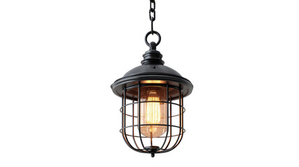 A vintage industrial black metal pendant light with a glowing Edison filament bulb, suspended by a chain against a dark background. background removed