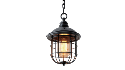 A vintage industrial black metal pendant light with a glowing Edison filament bulb, suspended by a chain against a dark background. background removed