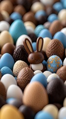 A close-up view of a small chocolate Easter bunny surrounded by a variety of chocolate Easter eggs in different colors and textures, with soft, warm lighting.