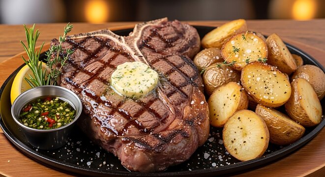 Grilled T-Bone Steak with Roasted Potatoes and Herb Butter on a Sizzling Platter.