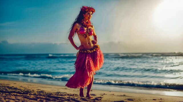 Beautiful hawaiian hula dancer posing on a sandy beach at sunrise