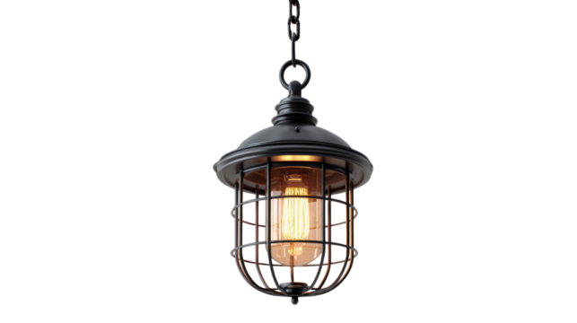A vintage industrial black metal pendant light with a glowing Edison filament bulb, suspended by a chain against a dark background. background removed