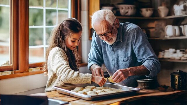 Grandfather and granddaughter baking together in a cozy kitchen