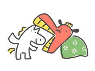 獅子舞に噛まれるかわいい白馬キャラクター　正月素材