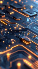 A detailed, close-up view of a dark circuit board with glowing orange lines and small circular lights, suggesting advanced technology and data flow.
