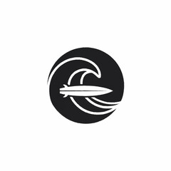 Surfboard and wave in a circular emblem design.
