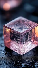 A single pink ice cube with intricate frost patterns sits on a dark, wet surface. Warm light illuminates the cube from the side, creating a soft glow and highli