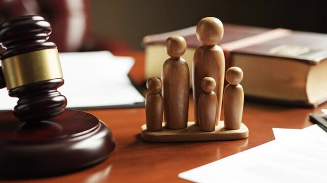 Family Law And Legal Protection Concept With Judge Gavel And Wooden Family Figures In Professional Court Office