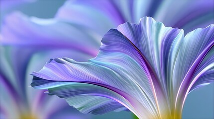 A macro shot of a blooming flower with intricate, flowing petals in shades of purple, blue, and white. The lighting is soft and ethereal, creating a dreamy atmo