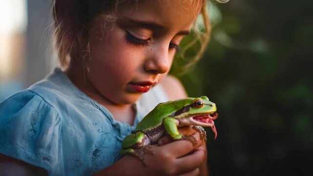Young girl gently holding green tree frog