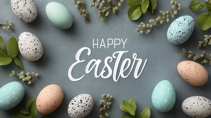 happy easter greeting with decorative eggs and spring foliage