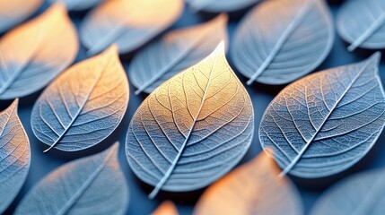 A detailed close-up shot of multiple leaves, appearing frosted or icy, arranged in a pattern. Warm, golden light illuminates parts of the leaves, contrasting wi