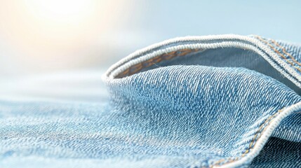 A detailed macro shot of folded blue denim fabric, showcasing its texture and stitching. Soft, diffused light illuminates the material.