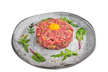 Fresh steak tartare with mustard pickles and herbs served on light plate perfect for fine dining visuals culinary ads and recipe concepts.
