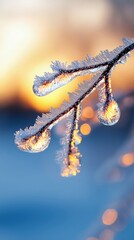 A detailed macro shot of a tree branch covered in frost and ice crystals, with a warm, blurred sunset and bokeh lights in the background.