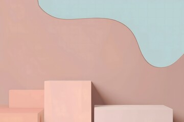 Minimalist Abstract Background with Pastel Pink and Blue Geometric Shapes and Cubes