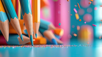 A vibrant, close-up shot of sharpened colored pencils in shades of teal and yellow, with colorful confetti and glitter scattered around and falling. The backgro