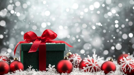 Festive Christmas gift box with red ribbon and bow, surrounded by shiny red ornaments and sparkling snowflakes on a magical bokeh background, celebrating the holiday season.