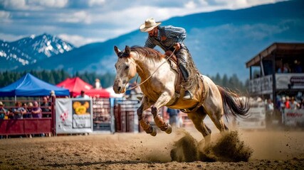 Cowboy riding bucking horse at rodeo event