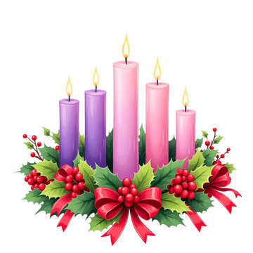 Illustration of five lit advent candles in purple and pink colors surrounded by holly, berries, and a red bow, isolated on transparent background