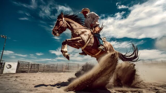 Cowboy riding a powerful bucking bronco horse