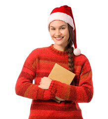 Happy young woman in Santa hat with book on white background. Christmas concept