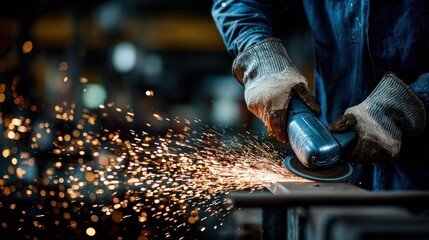 Metalworker using grinder tool creating sparks in industrial environment