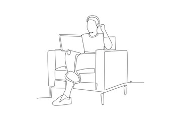 Man working while sitting on the sofa. Working from sofa concept one-line drawing