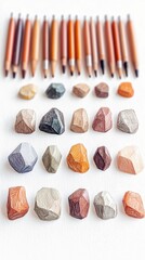 A collection of colored pencils arranged in a row above several rows of intricately drawn stones, creating a still life composition with soft studio lighting.