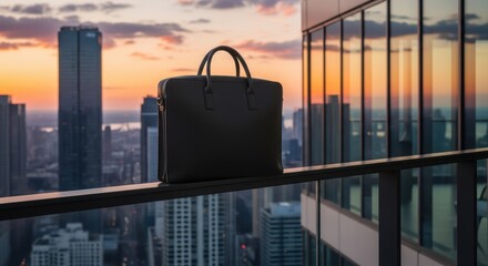 Sleek black briefcase on rooftop railing at sunset with city skyline