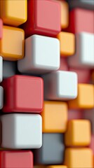 A close-up, abstract view of a wall made of stacked, rounded cubes in red, white, and yellow colors, with soft lighting.