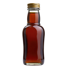 A small glass bottle filled with dark amber liquid, possibly whiskey or maple syrup, featuring a golden screw cap, isolated on black. background removed